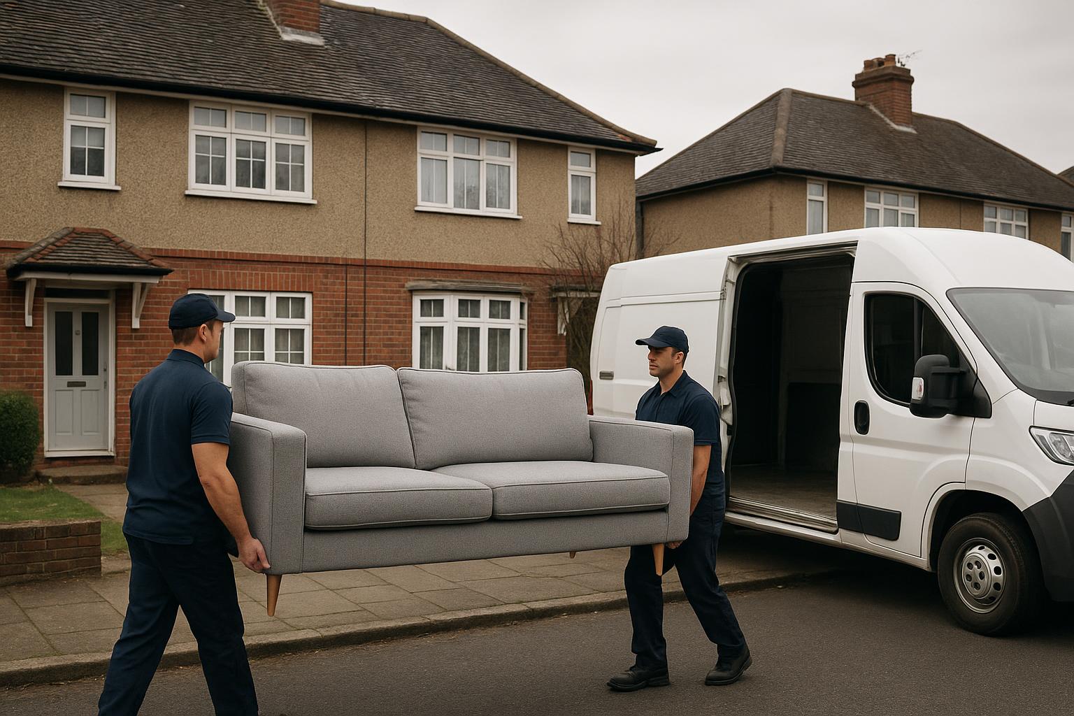 Two workers carrying a sofa out of a semi-detached house towards a van during a clearance
