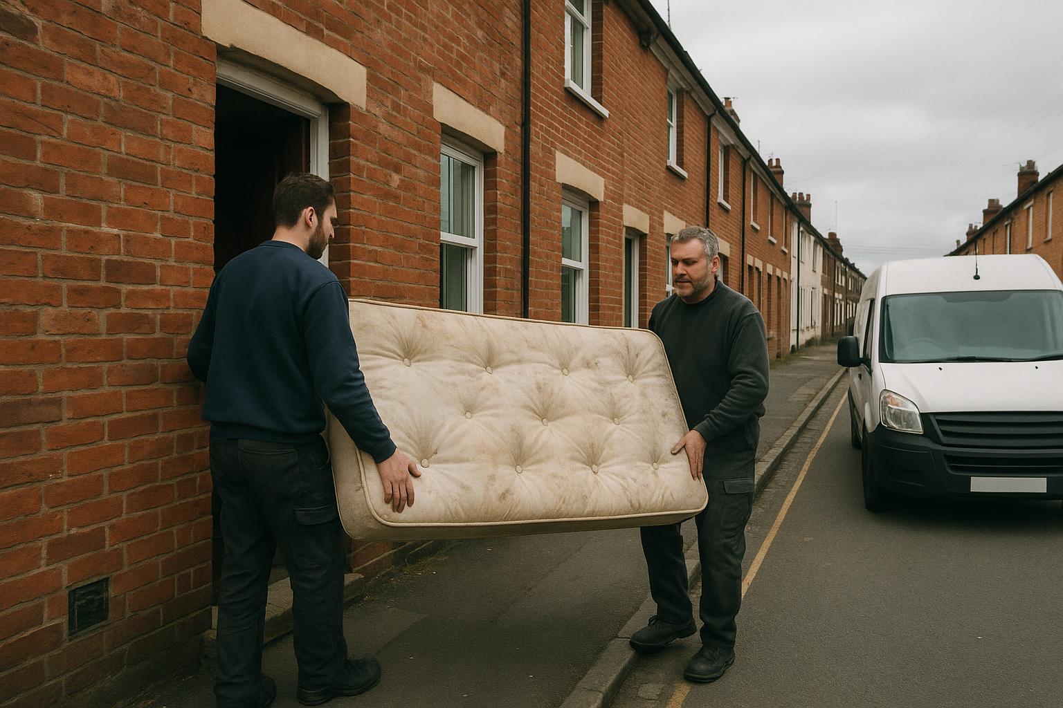 Two workers carrying a mattress out of a brick terraced house towards a van during a clearance