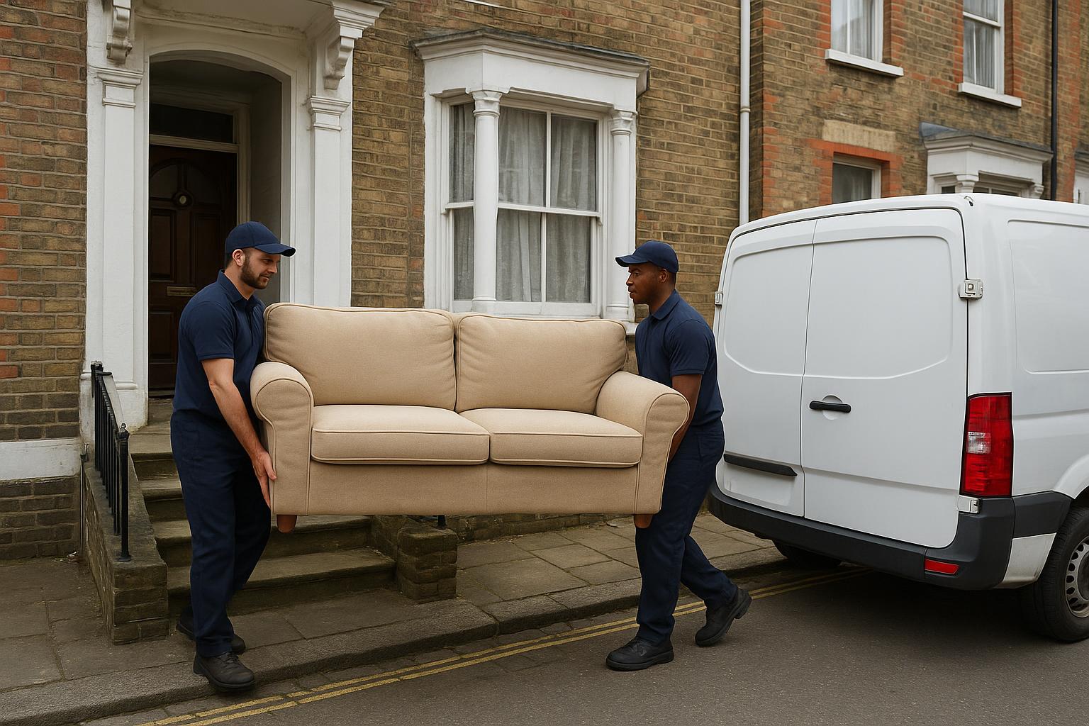 Two workers carrying a sofa down the front steps of a Victorian terraced house towards a van during a clearance