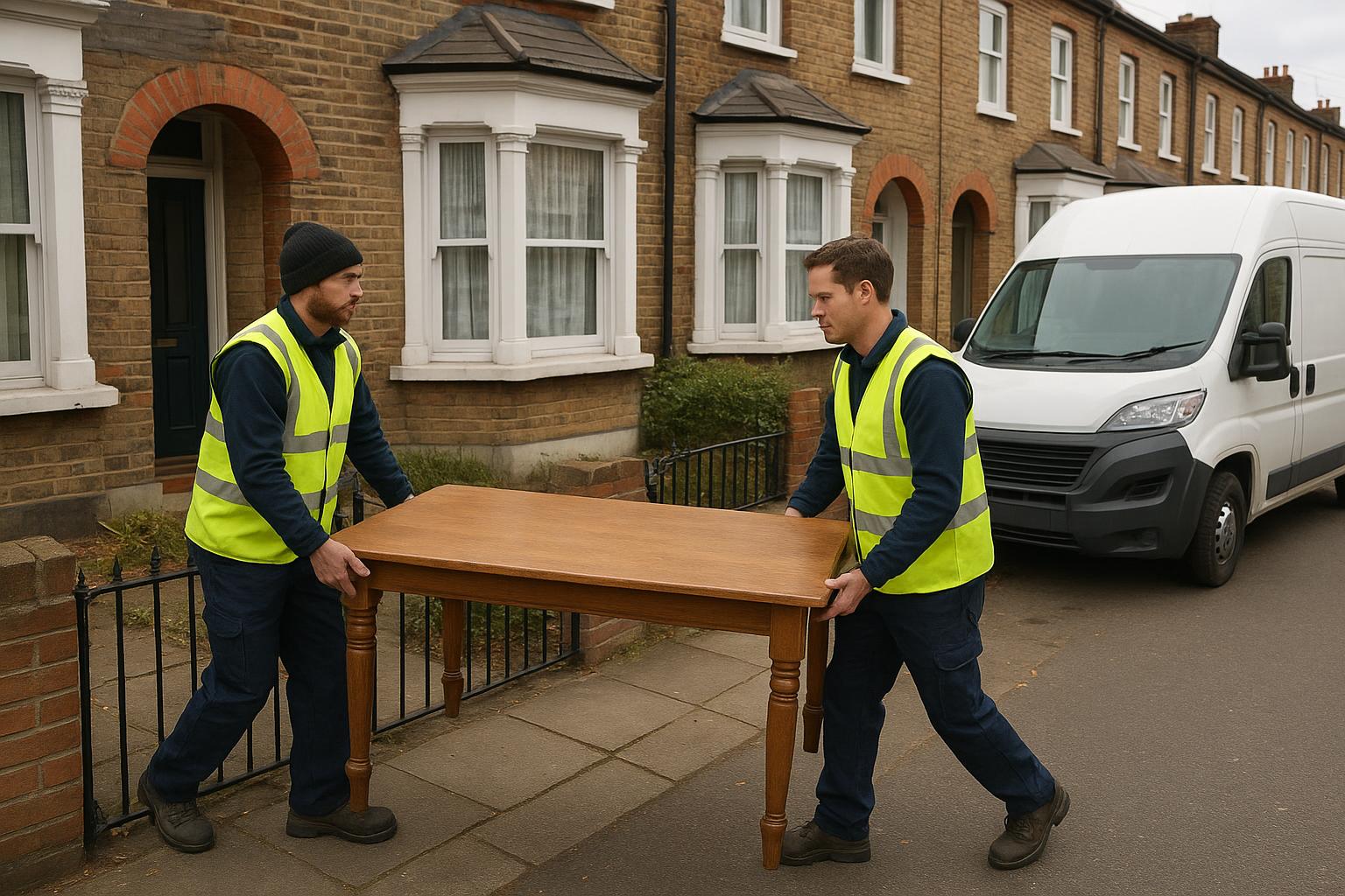 Two workers carrying a dining table out of a terraced house towards a van during a clearance