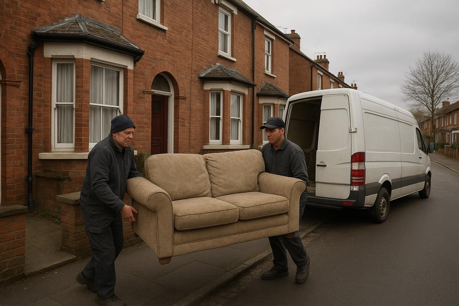 Two workers carrying a sofa out of a Victorian terraced house towards a van during a clearance