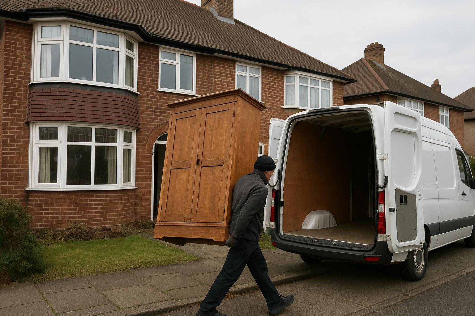 A wardrobe being carried to an open van outside a semi-detached house during a clearance
