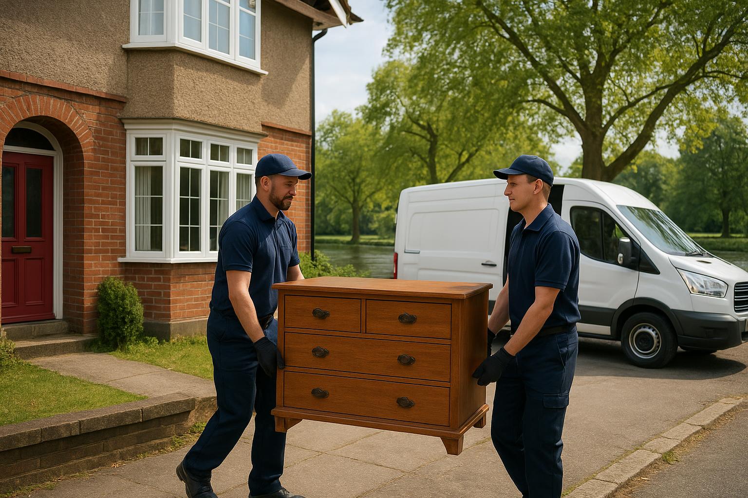 Two workers carrying a chest of drawers out of a semi-detached house towards a van during a clearance