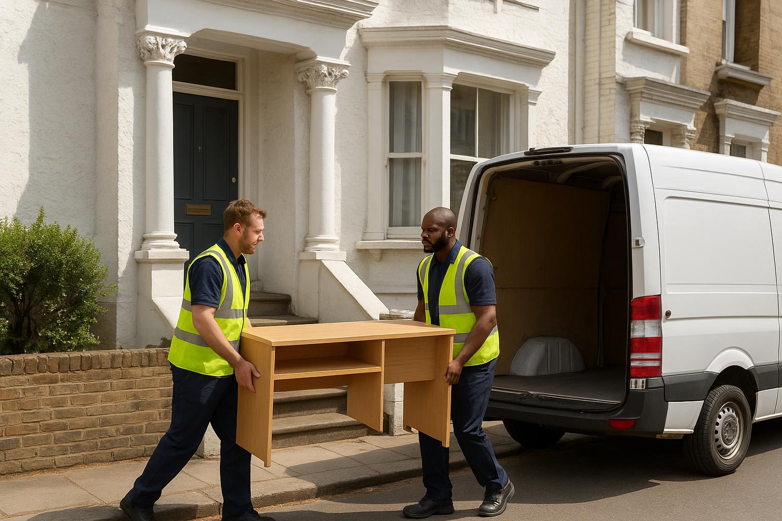Two workers carrying a desk out of a white stucco terraced house towards a van during a clearance