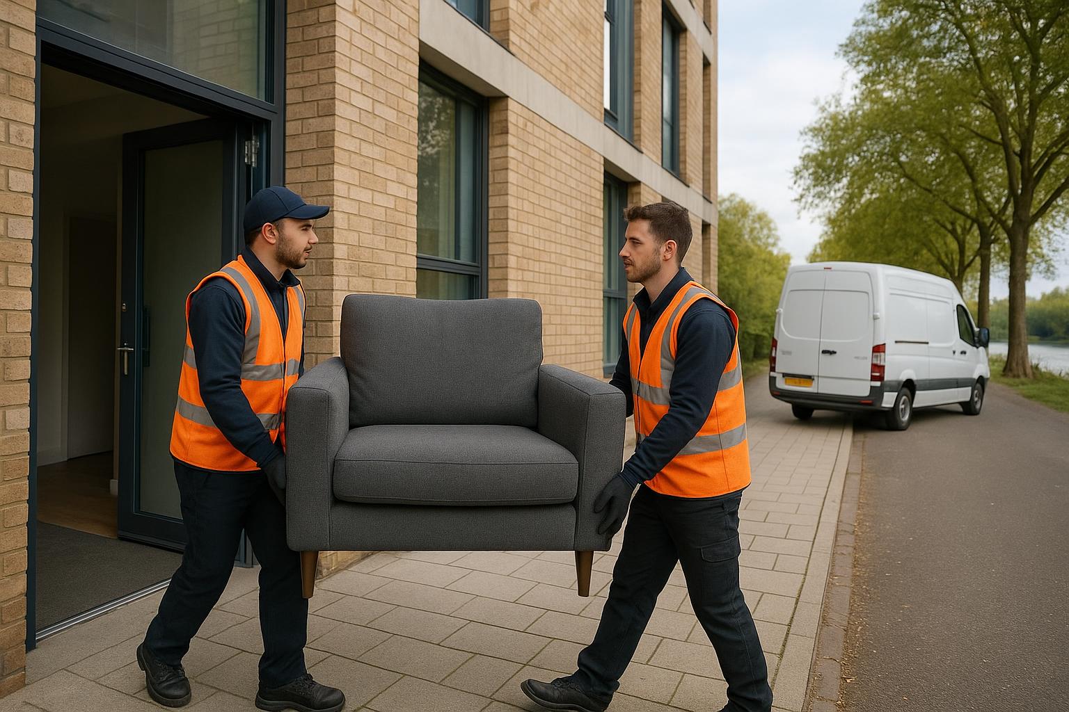 Two workers carrying an armchair out of a riverside apartment block towards a van during a clearance