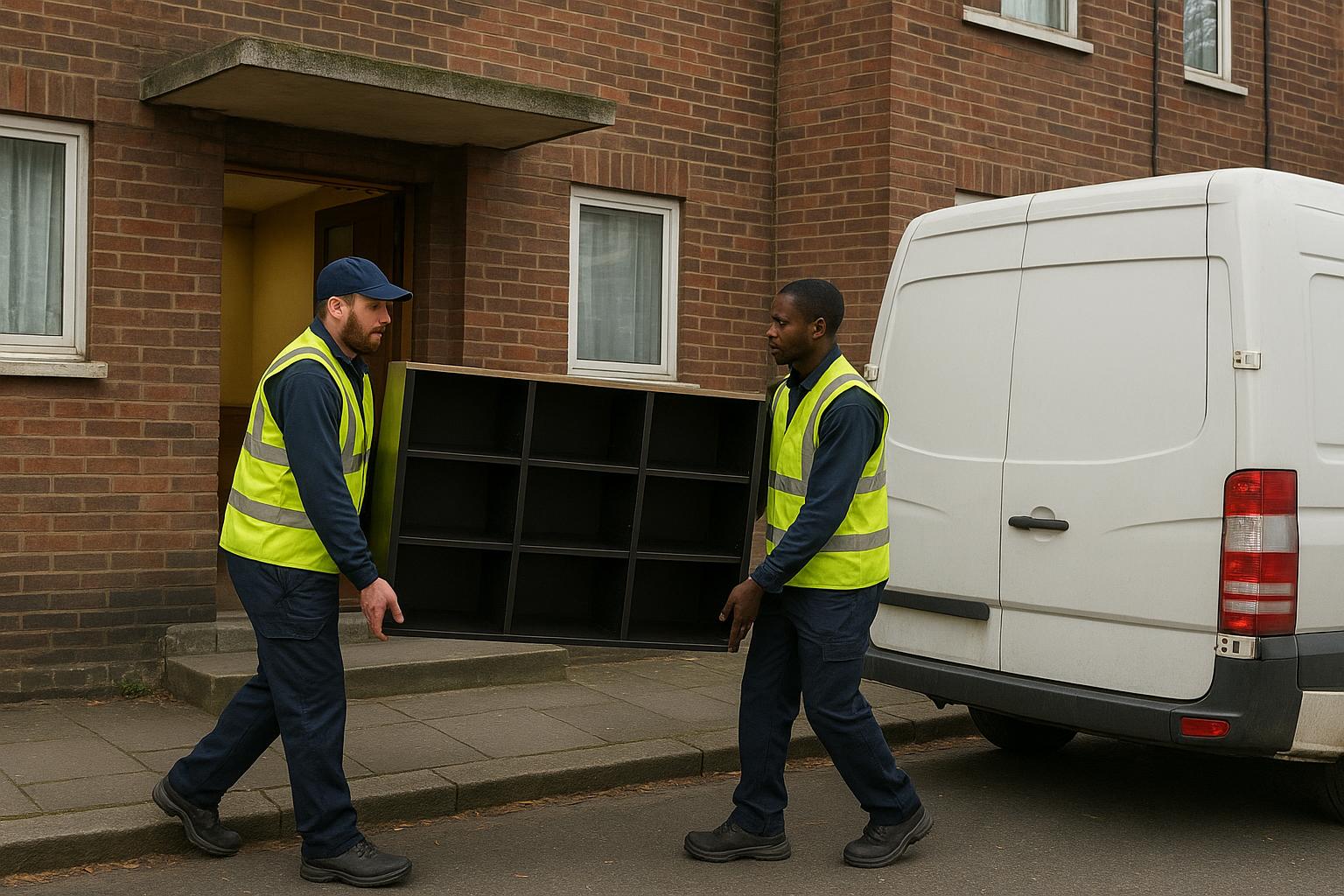 Two workers carrying a bookcase out of a brick apartment block towards a van during a clearance