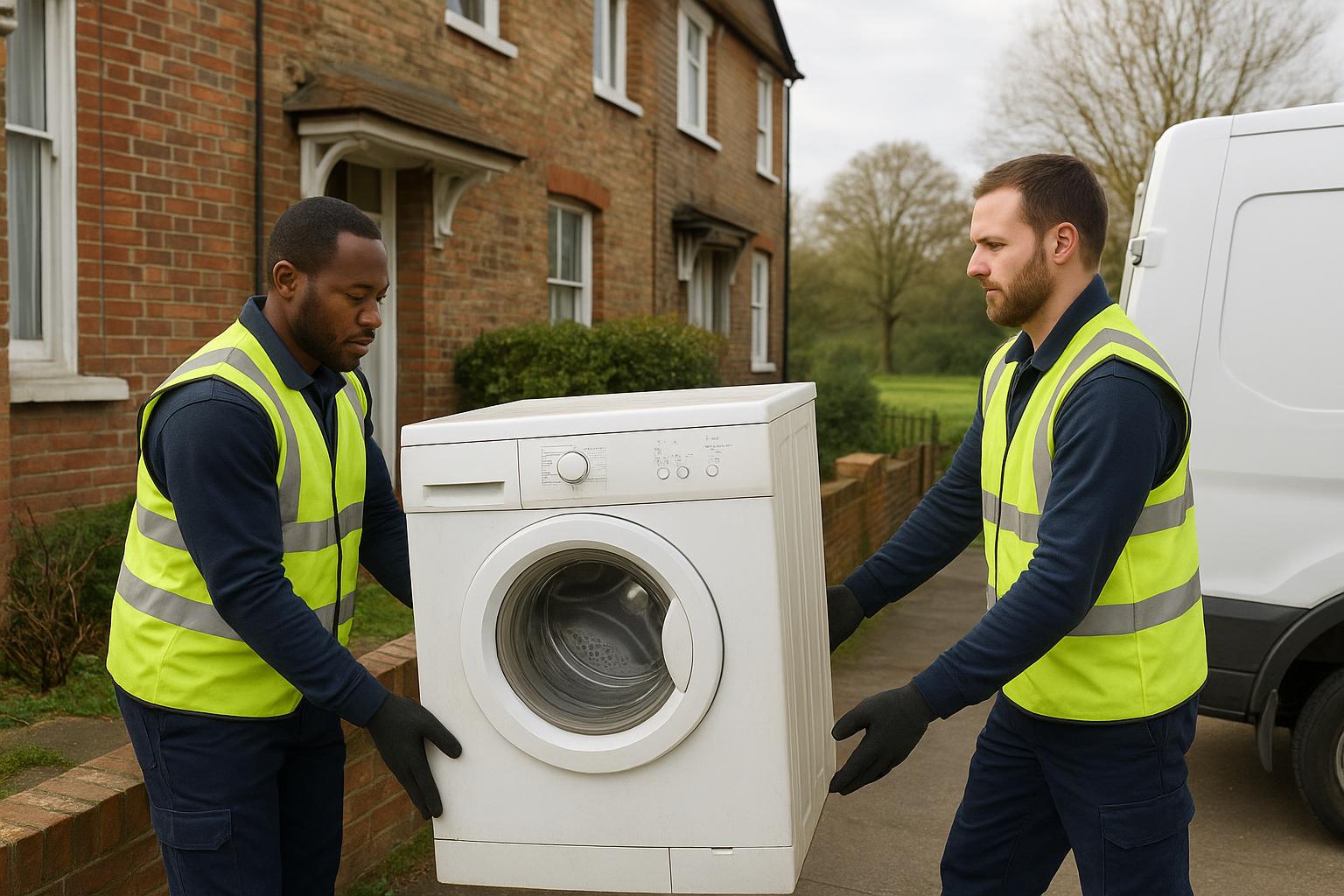 Two workers carrying a washing machine out of a terraced house towards a van during a clearance