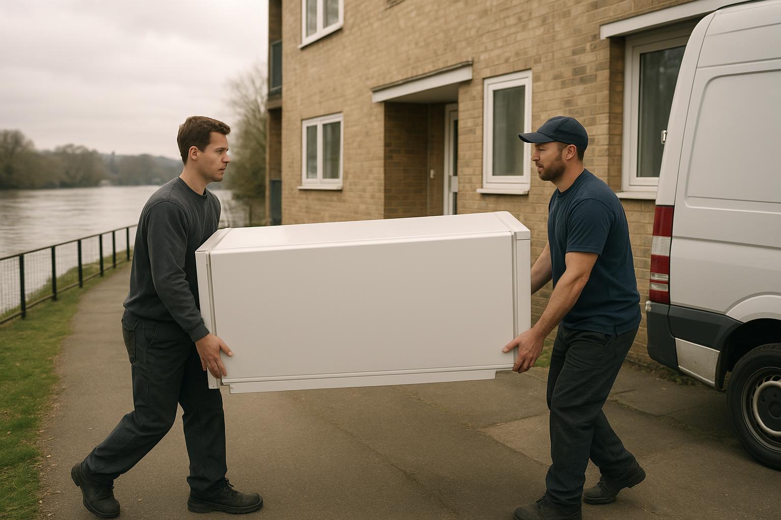 Two workers carrying a fridge-freezer out of a riverside block of flats towards a van during a clearance