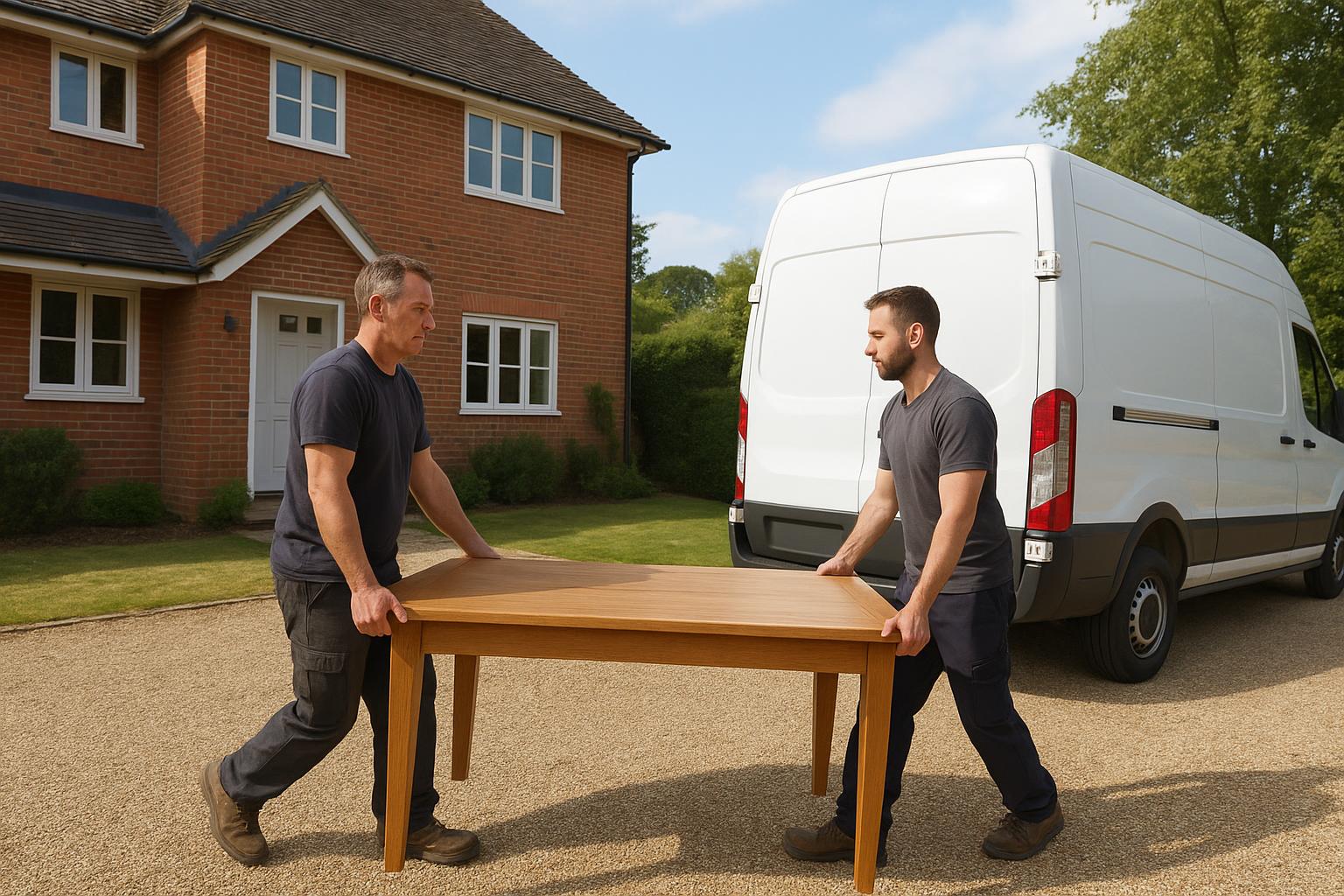 Two workers carrying a dining table out of a large detached house towards a van during a clearance