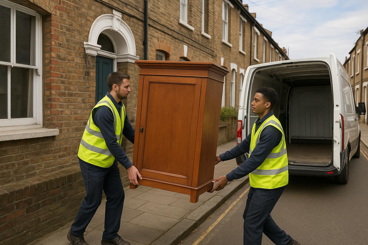 Two workers carrying a wardrobe out of a Victorian terraced house towards a van during a clearance