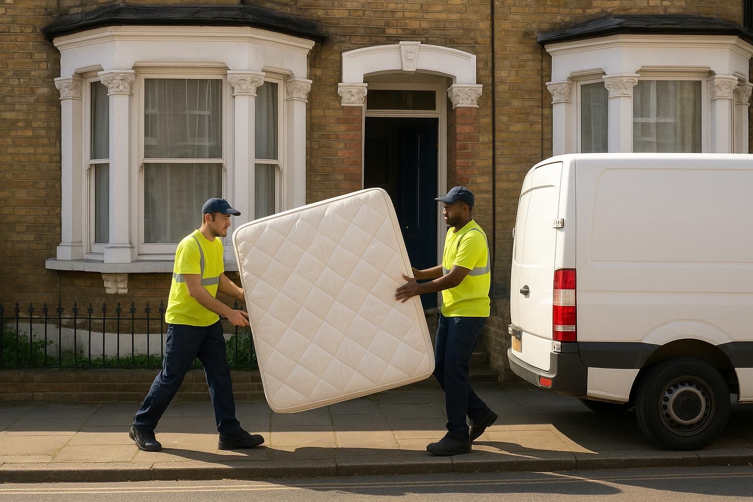 Two workers carrying a mattress out of a Victorian terraced house towards a van during a clearance