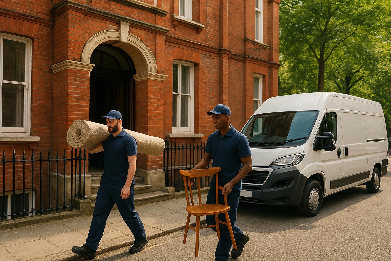 Two workers carrying a rolled rug and a chair out of a red-brick mansion block towards a van during a clearance