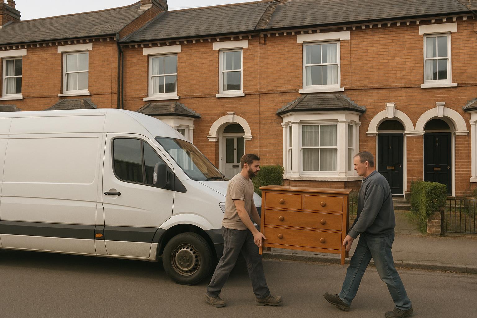 Two workers carrying a chest of drawers outside Edwardian terraced houses in Berkshire