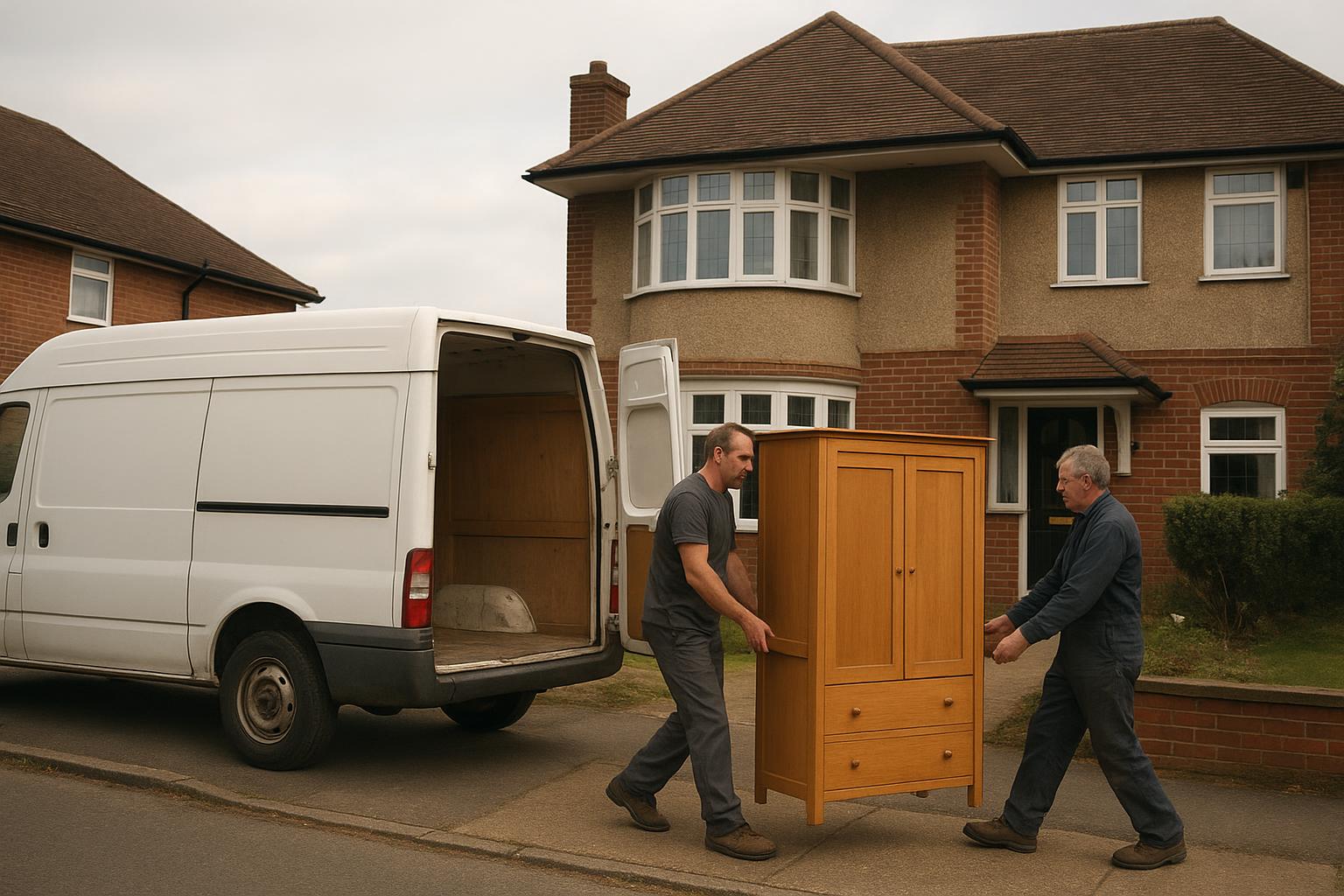Two workers carrying a wardrobe down the front path of a 1930s semi-detached house in Hertfordshire