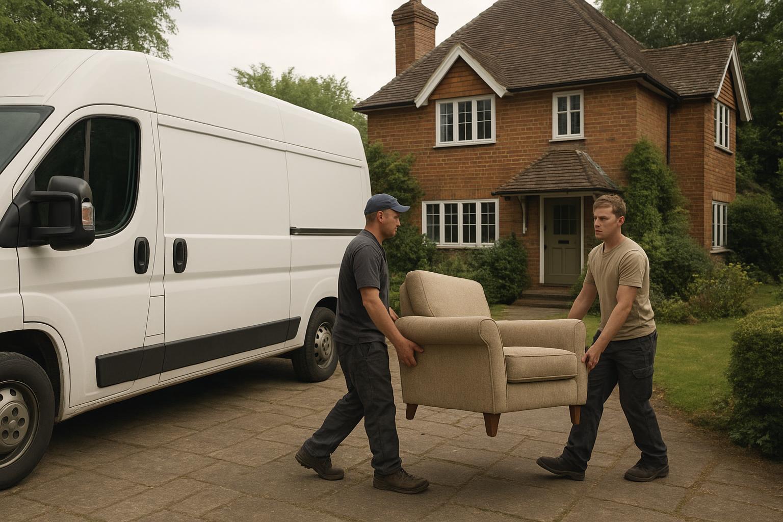 Two workers carrying an armchair down the drive of a detached house in Surrey