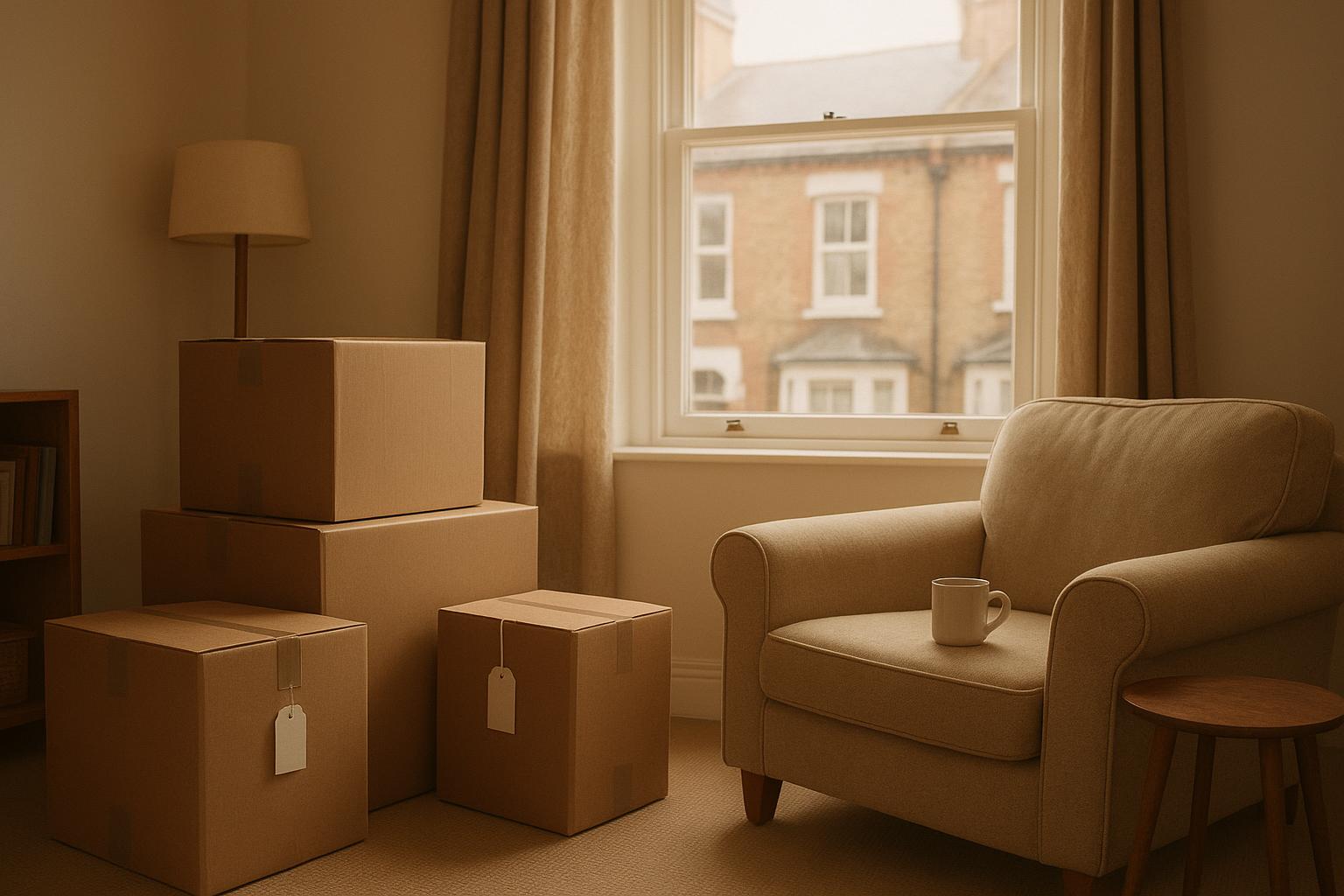 A calm London living room with a few labelled cardboard boxes, an armchair with a mug and a sash window, no people visible