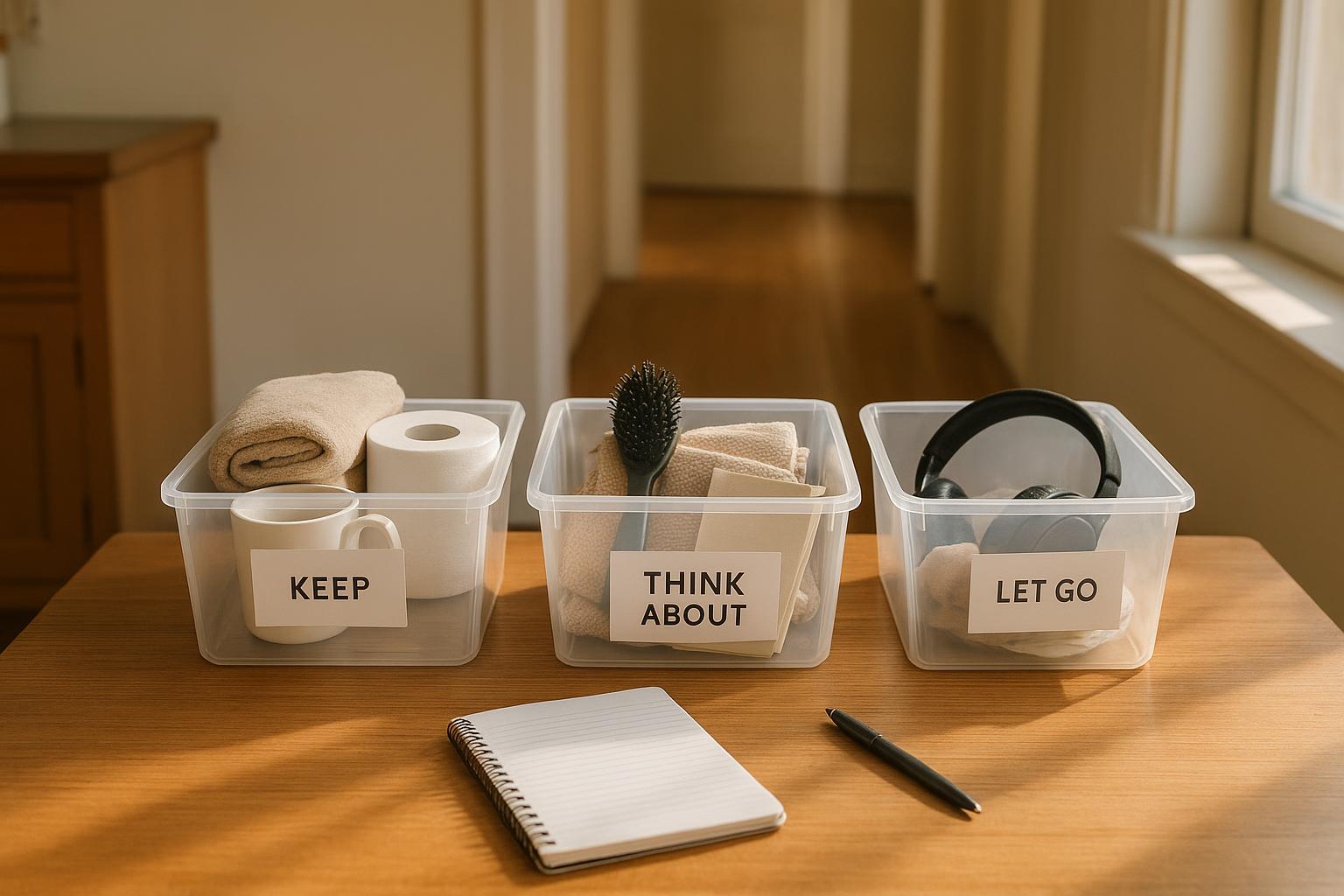 Three clear boxes labelled keep, think about and let go on a kitchen table with a notepad, and a clear hallway behind, no people visible