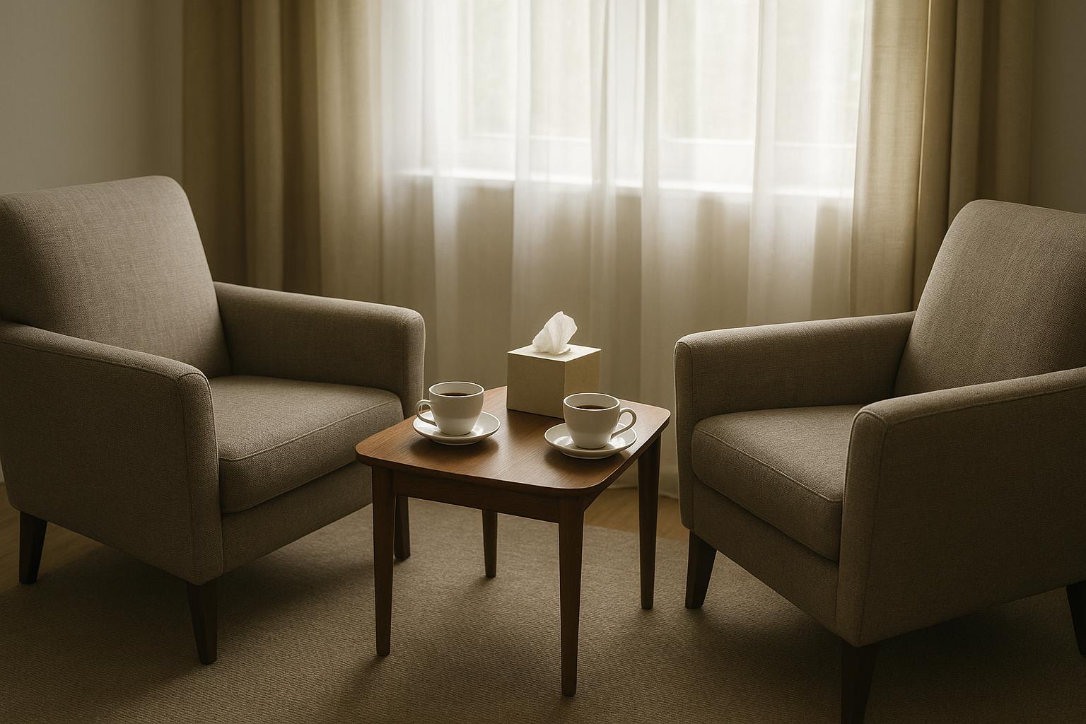 Two empty armchairs facing each other with tea and tissues on a small table, a quiet space for a supportive conversation, no people visible