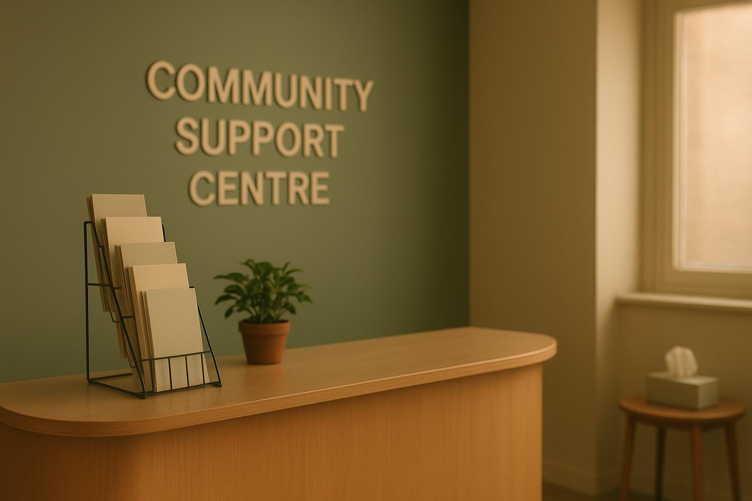 Community support centre reception desk with a leaflet rack, a potted plant and a box of tissues, no people visible