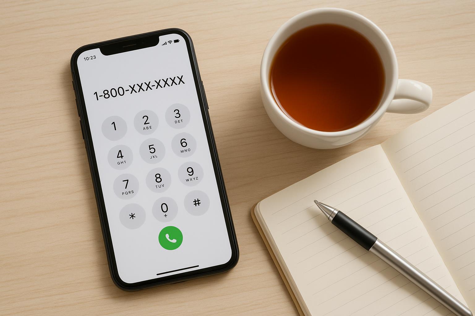 Smartphone showing a generic phone dialler screen next to a cup of tea and an open notebook, overhead flat-lay, no people visible