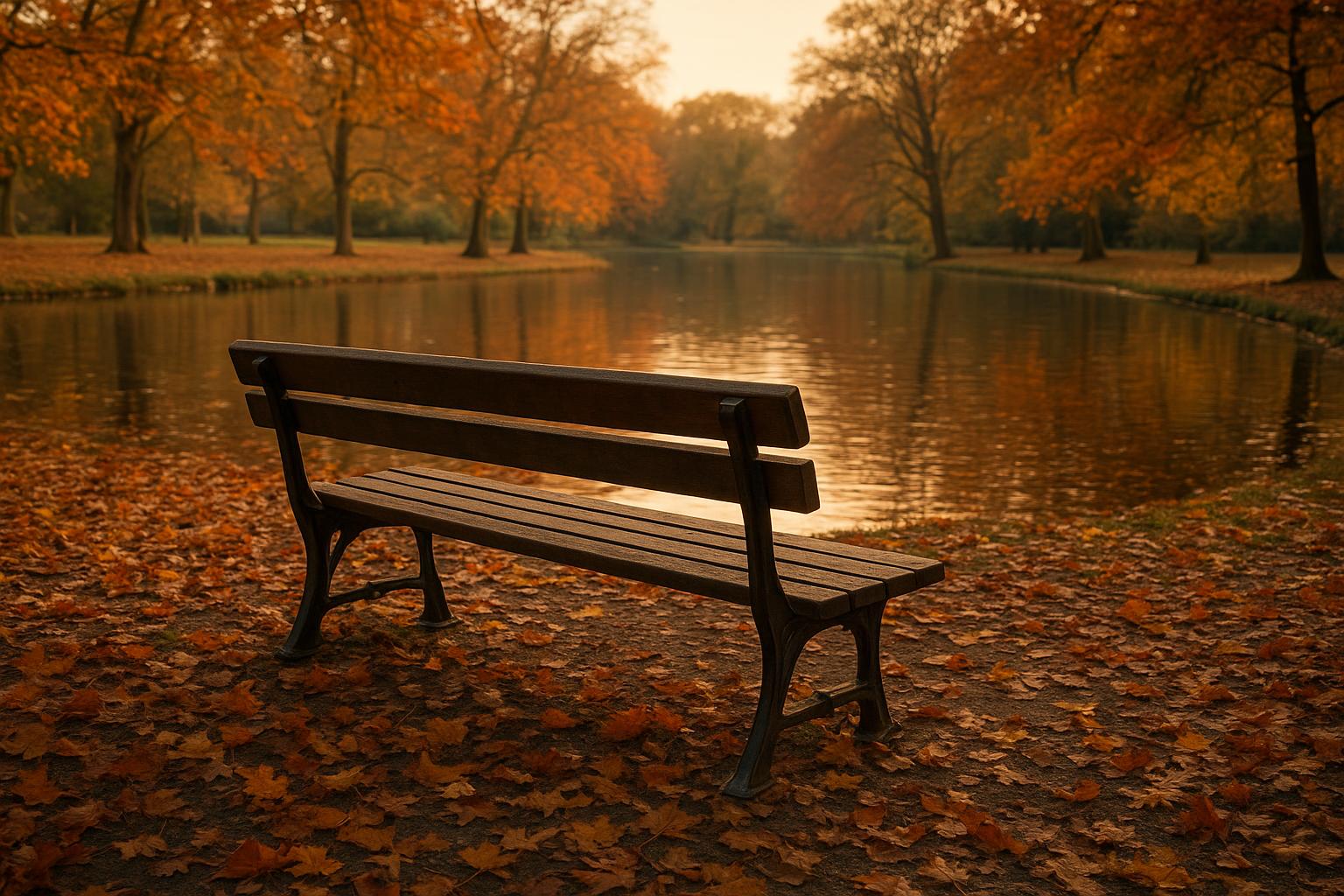 Empty park bench beside a calm pond in autumn, fallen leaves on the ground, no people visible