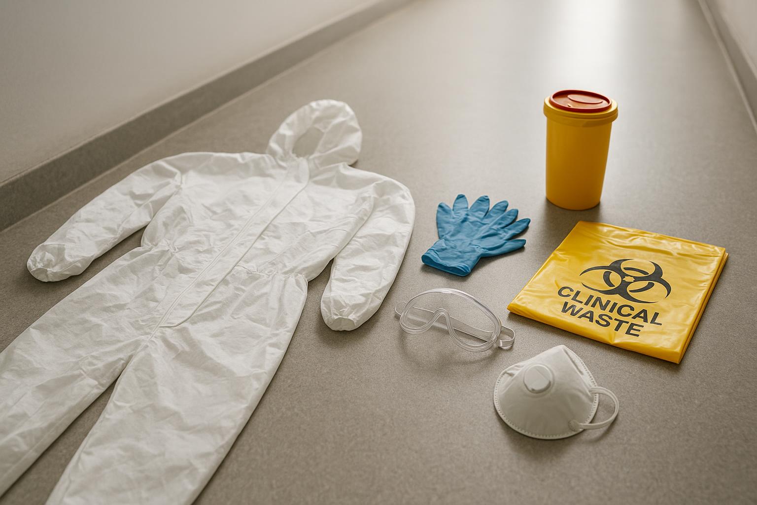 Folded white protective coverall, blue gloves, safety goggles, respirator mask, sharps container and yellow clinical waste bag laid out on a floor, no people visible