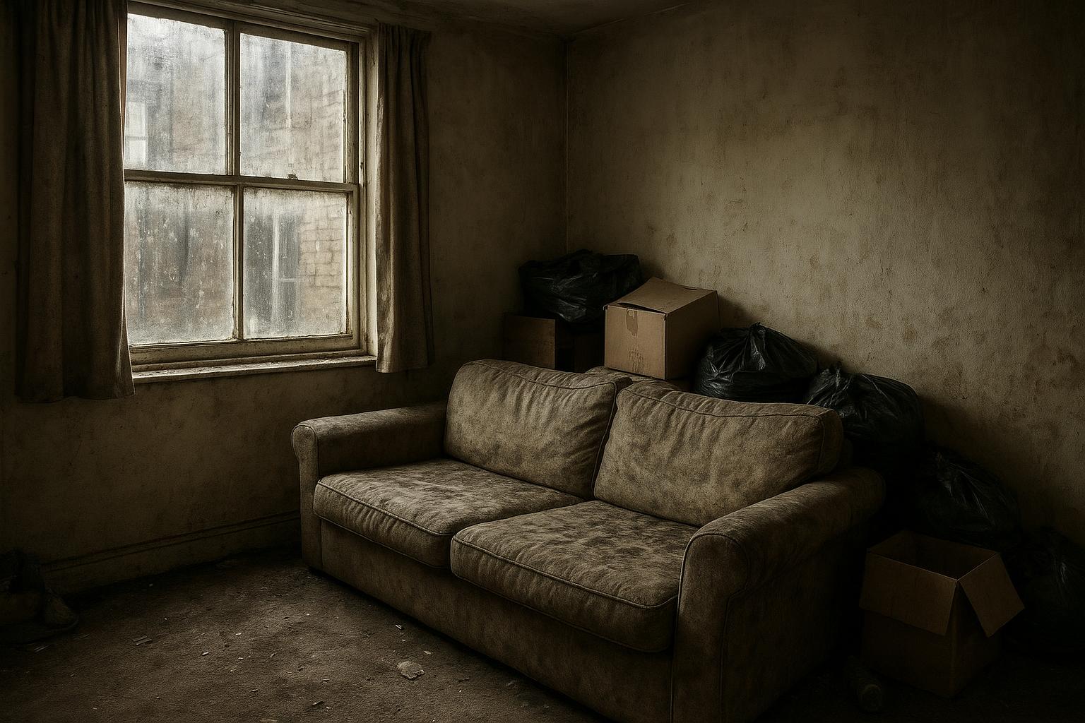 A dim, neglected living room with a worn sofa, grimy window and black bags stacked in a corner, no people visible