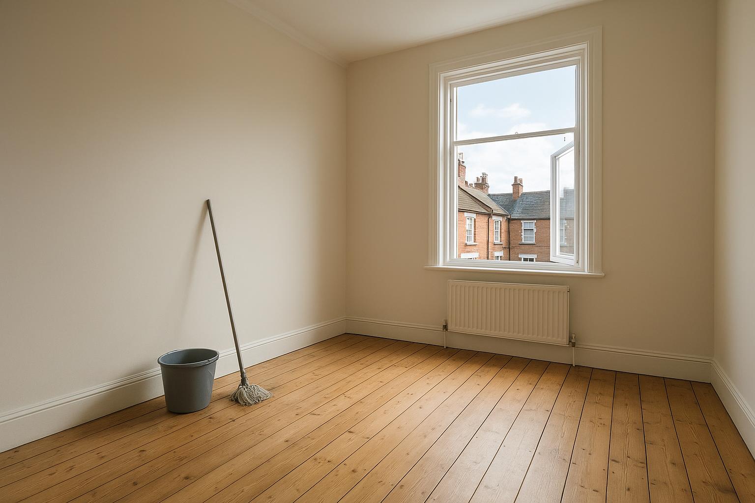 A bright, empty, freshly cleaned room with bare floorboards and an open window, with a mop and bucket in the corner, no people visible