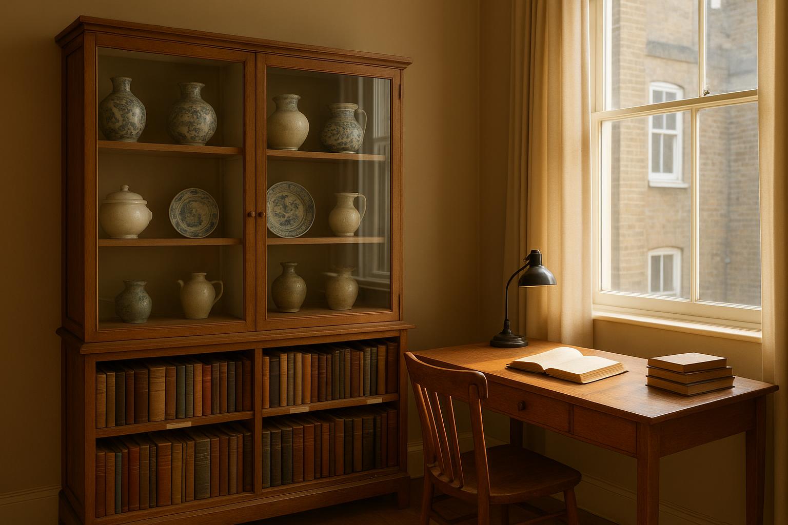 A tidy glass cabinet of vintage ceramics beside organised bookshelves in a London study, no people visible
