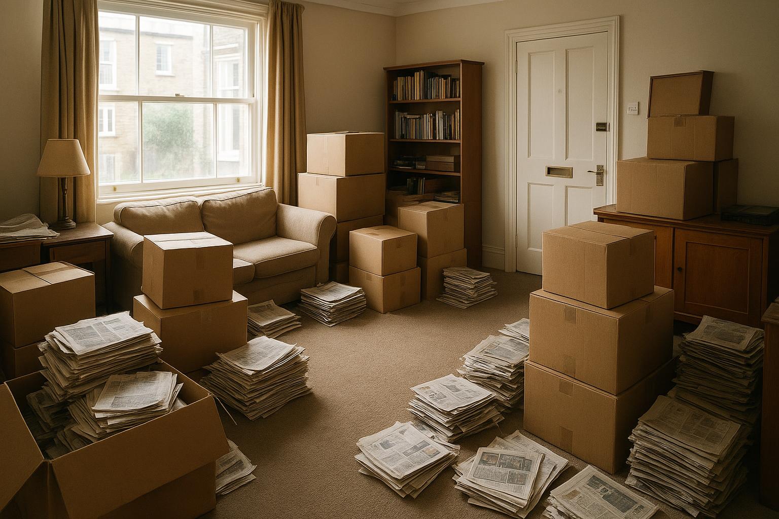 A cluttered living room with stacked boxes and newspapers narrowing the floor space around a sofa, no people visible