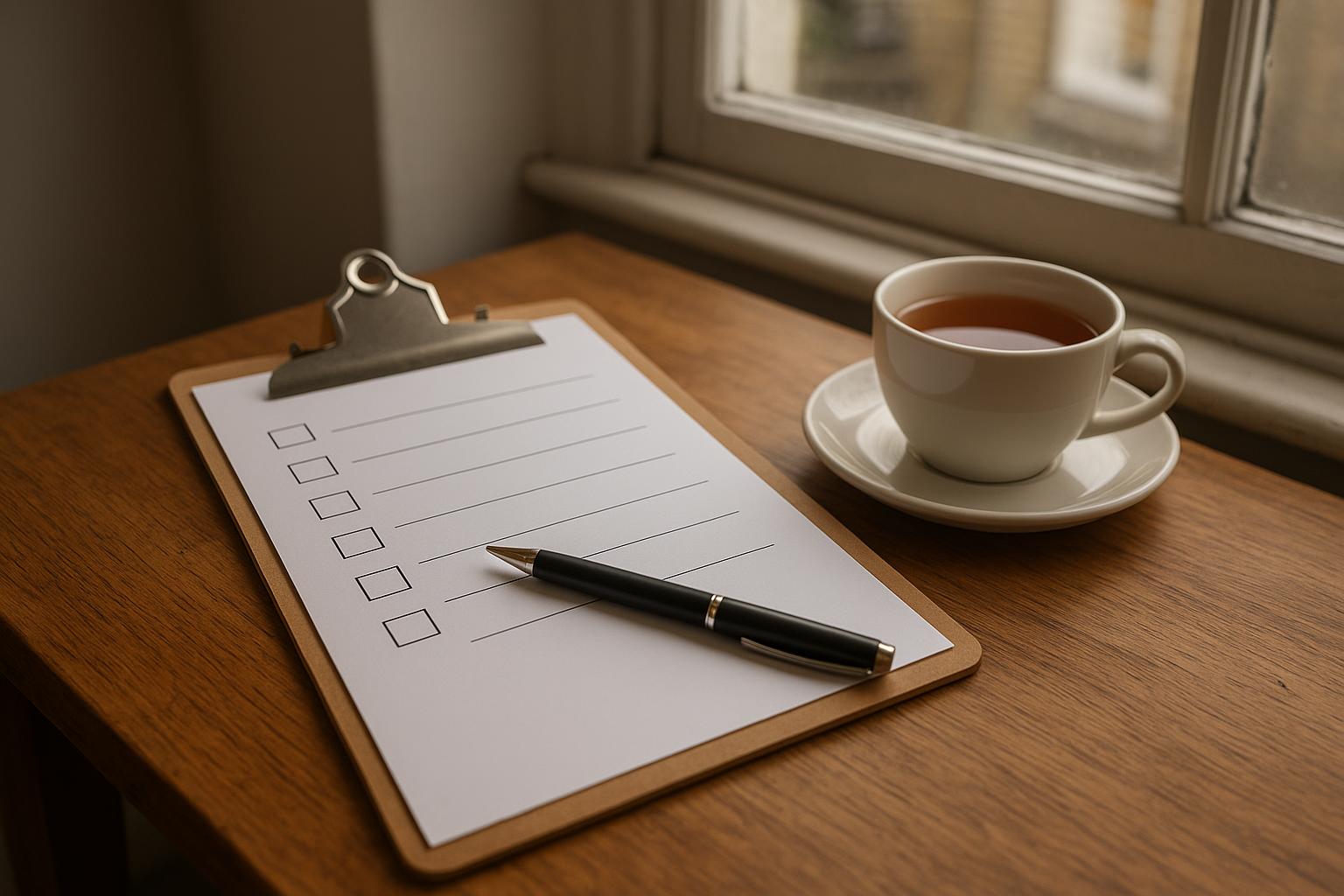 A blank checklist on a clipboard with a pen and a cup of tea beside a window, no people visible