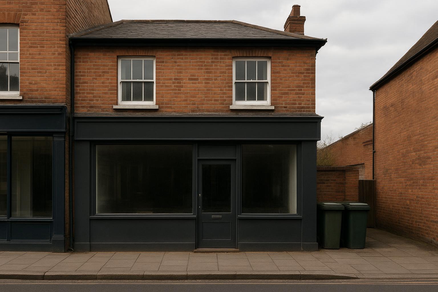 A London high street shop with a flat above it and separate bins stored at the side entrance, no readable text or signs