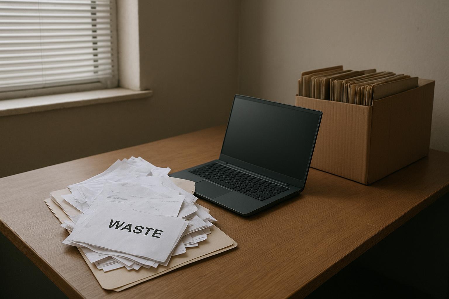 A desk with a folder of waste paperwork, a laptop and a cardboard box of files in a small office, no readable text