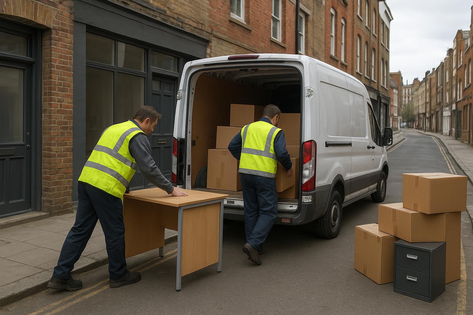 A clearance crew loading office furniture and boxes from a ground-floor commercial unit into a white van on a London side street