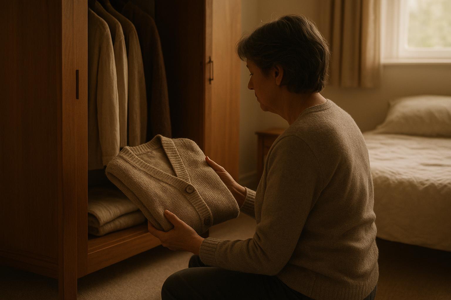 A person sitting on the floor of a bedroom, pausing while holding a folded cardigan from a wardrobe