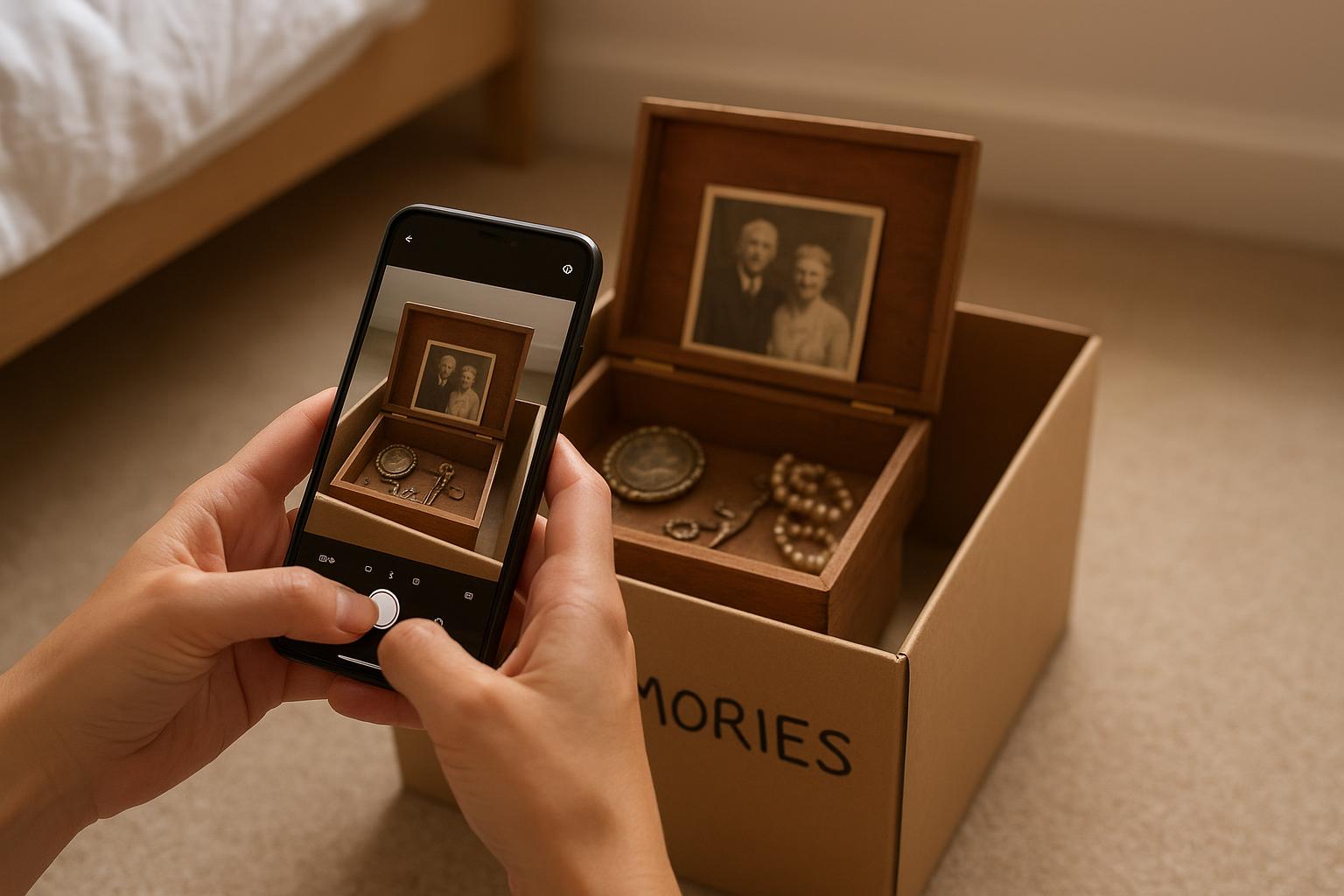 Hands photographing a small keepsake box with a phone before placing it into a labelled container
