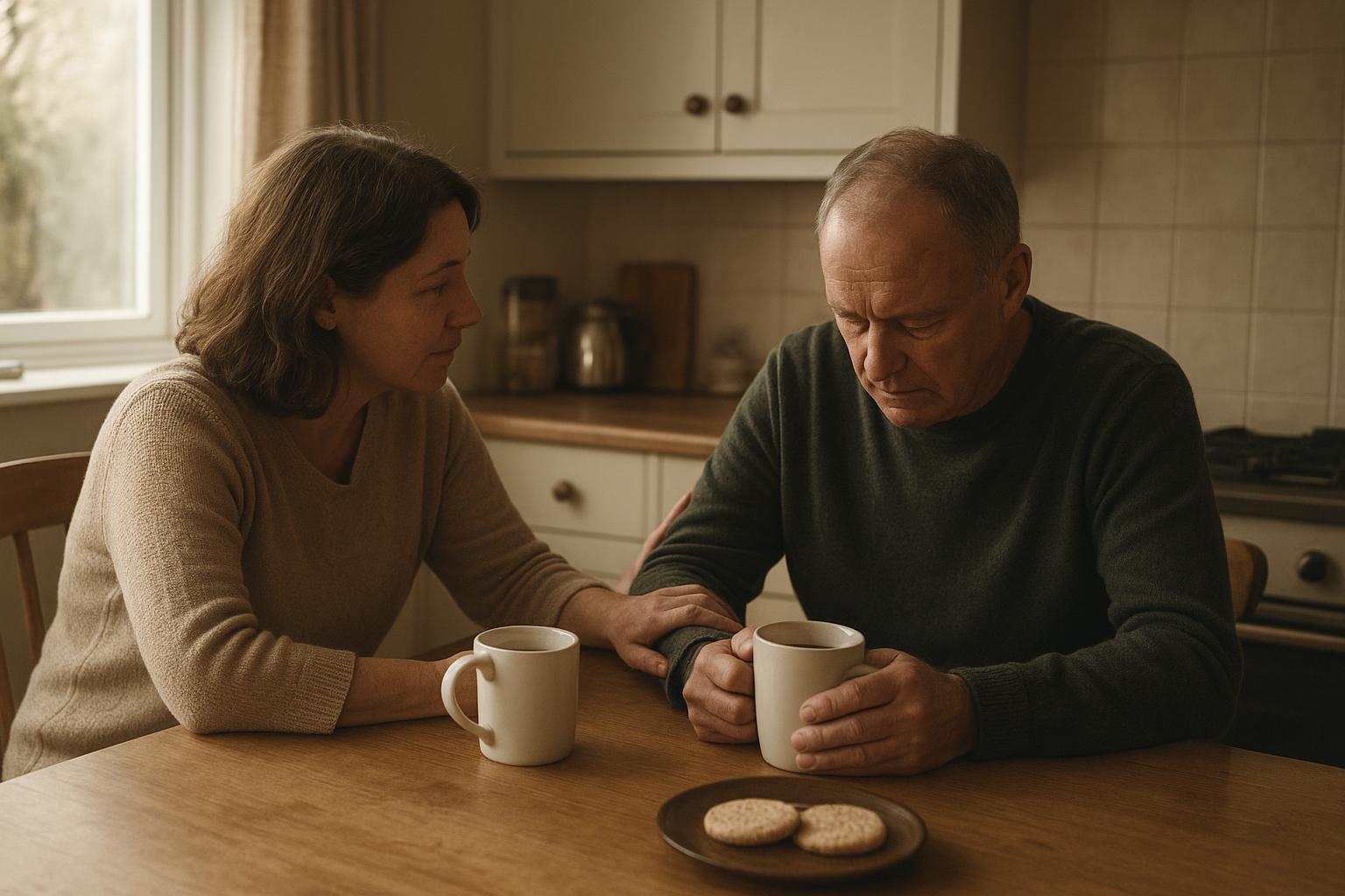 Two family members taking a tea break together in a kitchen during a pause in clearing a home