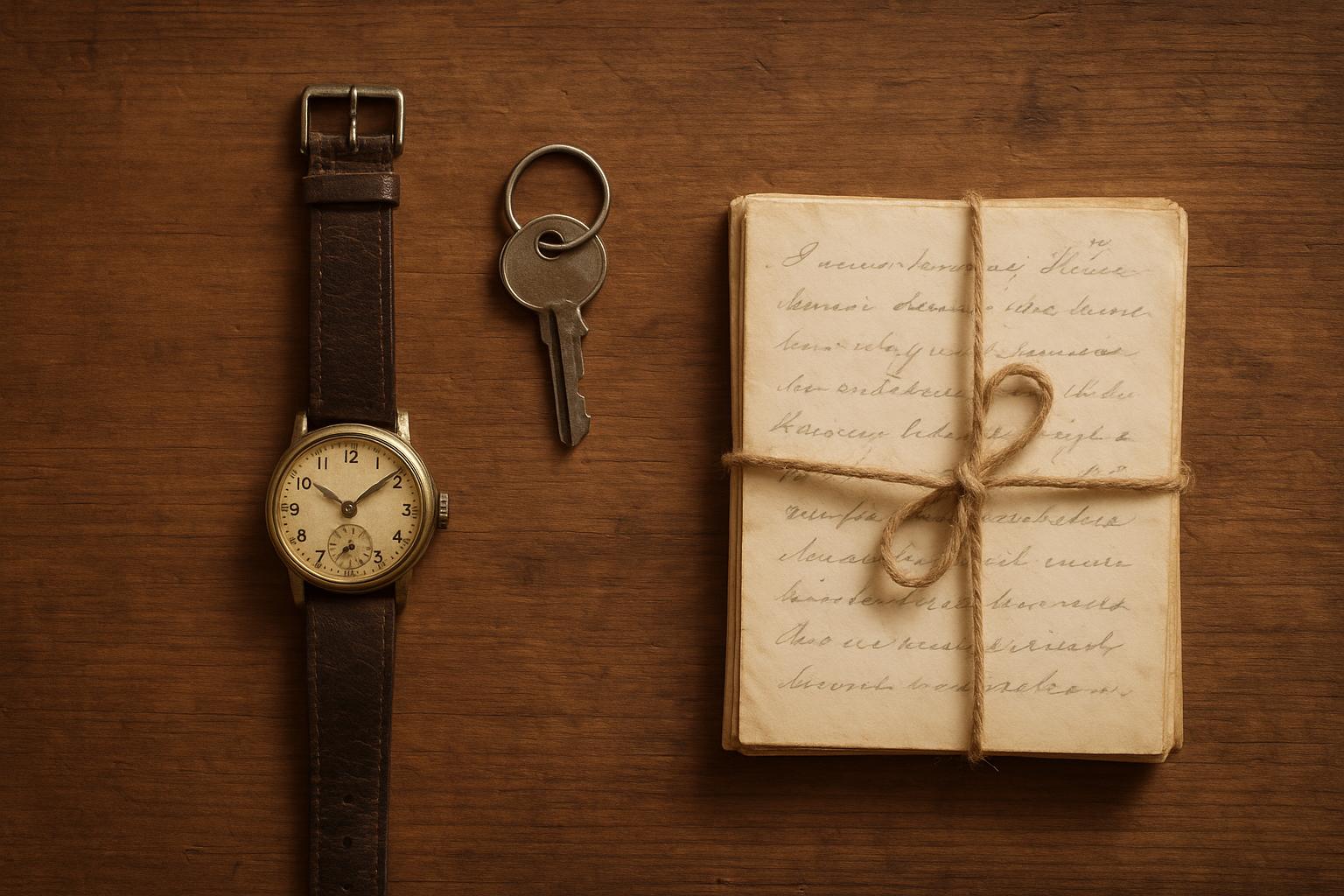 Small personal keepsakes, a watch, a set of keys and folded letters arranged neatly on a wooden table, no people visible