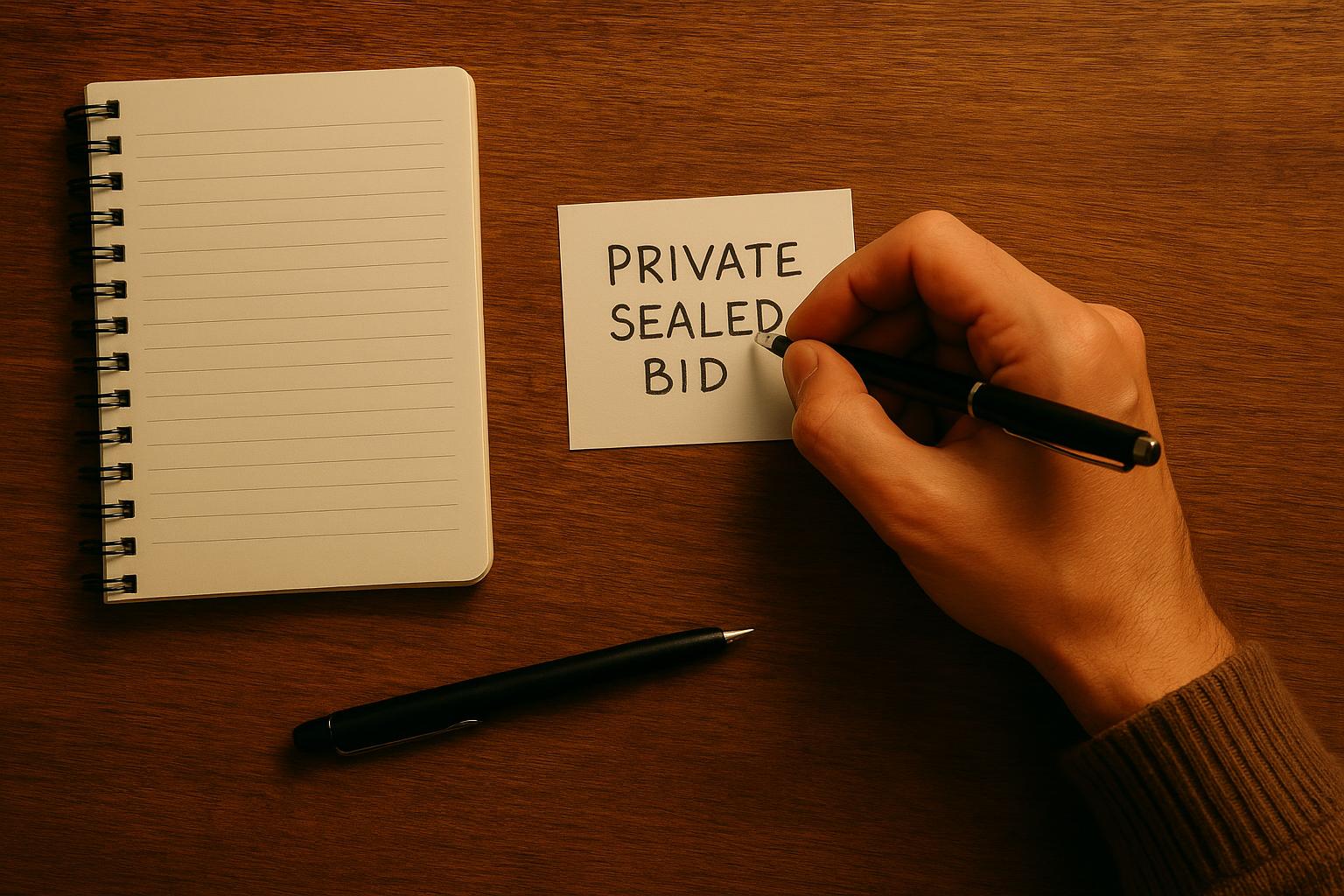 Overhead view of hands writing a private bid on a slip of paper next to a notebook and pen, no faces visible