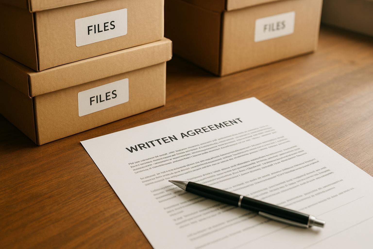 A printed agreement document and pen resting on a table beside labelled storage boxes, no people visible