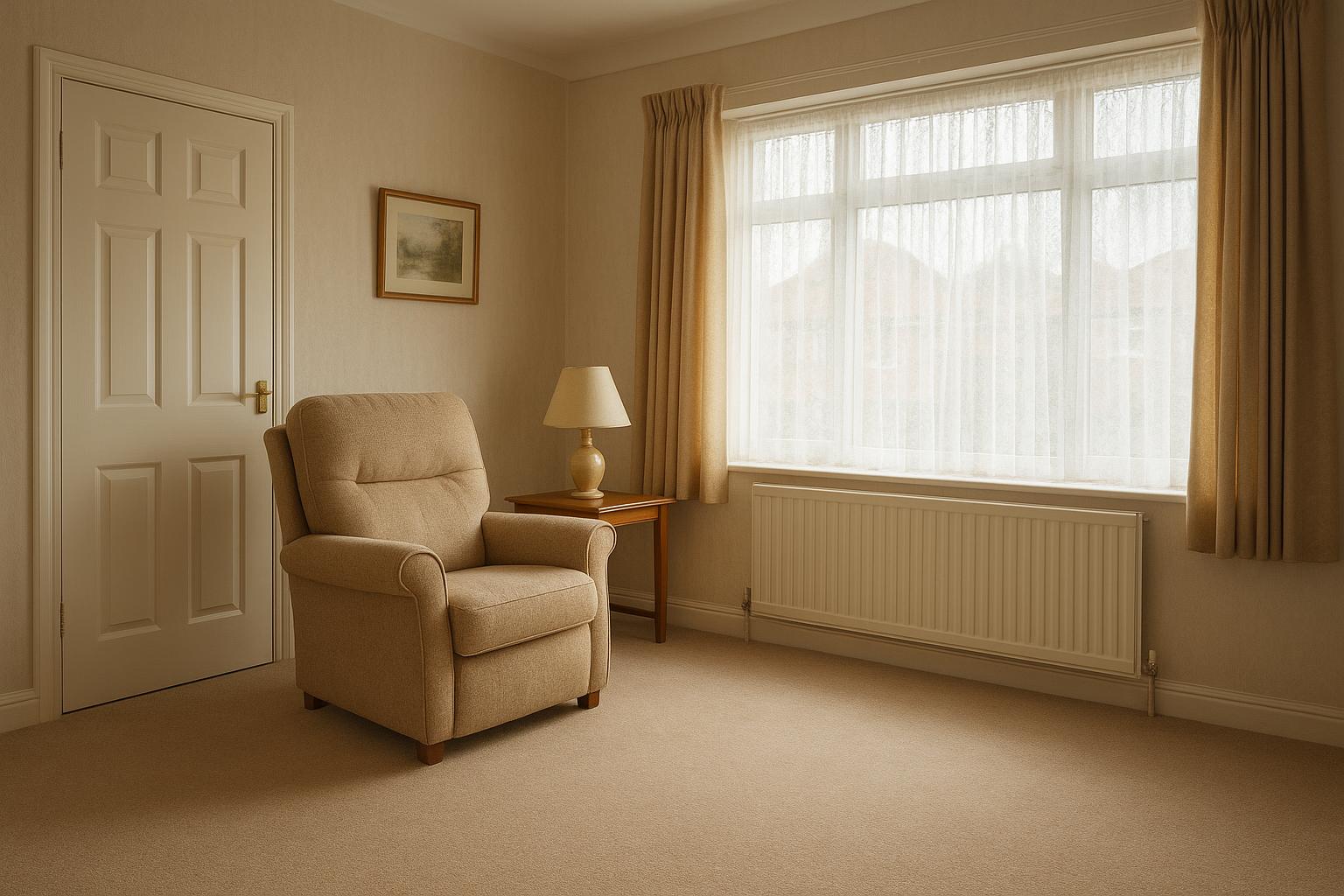 Bright tidy living room with a clear walkway across the carpet, an armchair, a side table with a lamp and net curtains