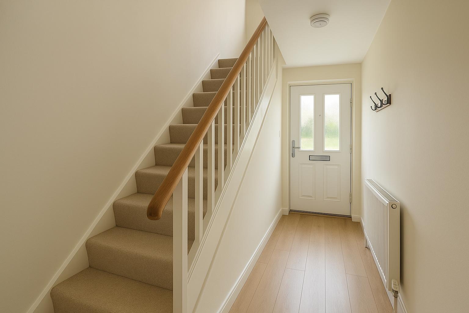 UK hallway and staircase with a secure wooden handrail, clear floor and a smoke alarm fitted to the ceiling