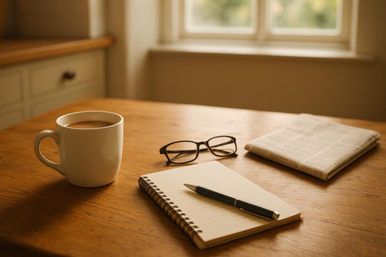 Wooden kitchen table with a mug of tea, a notepad and pen, reading glasses and a folded newspaper in soft daylight