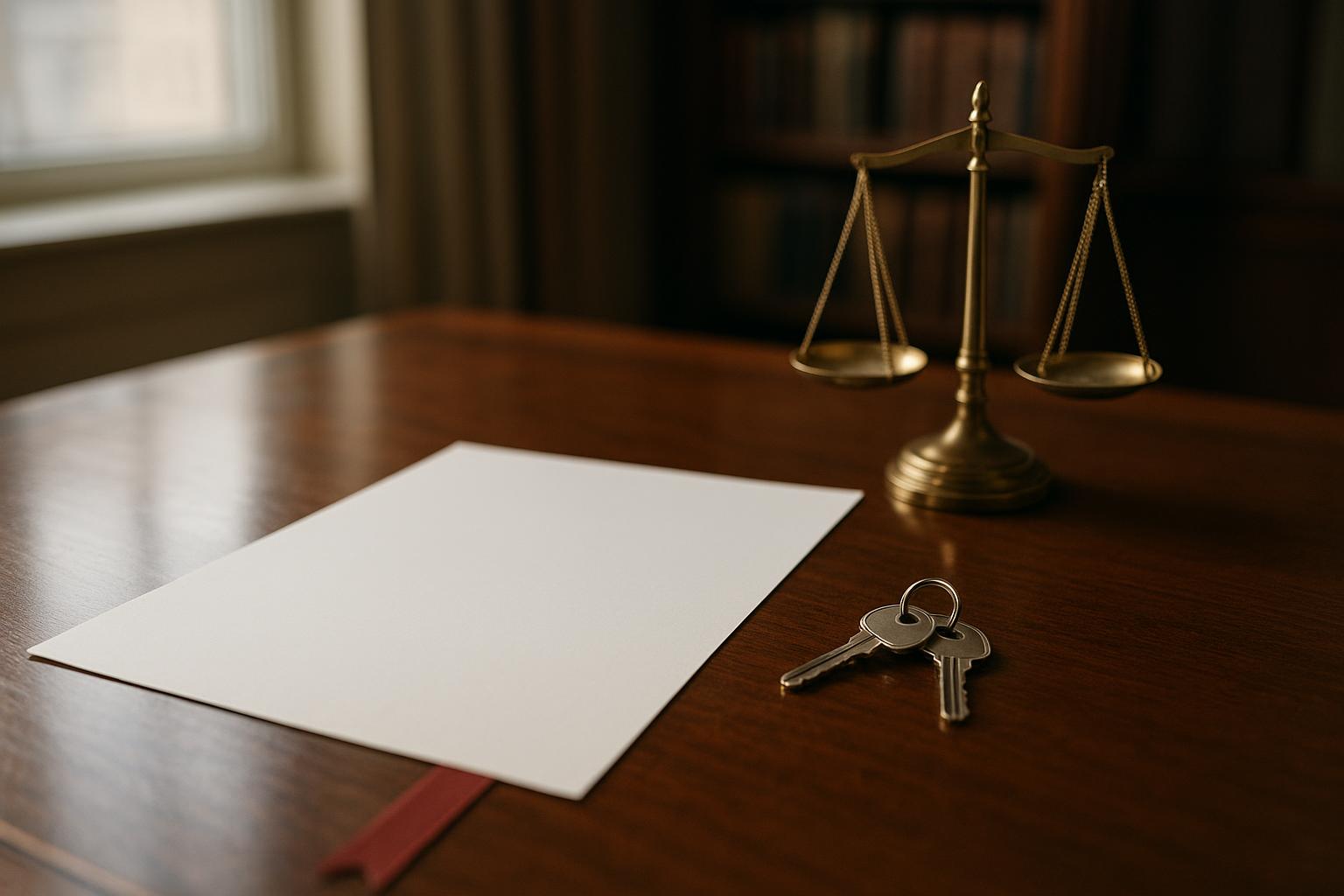 A blank legal document, a brass scale of justice and a set of house keys on a solicitor's desk