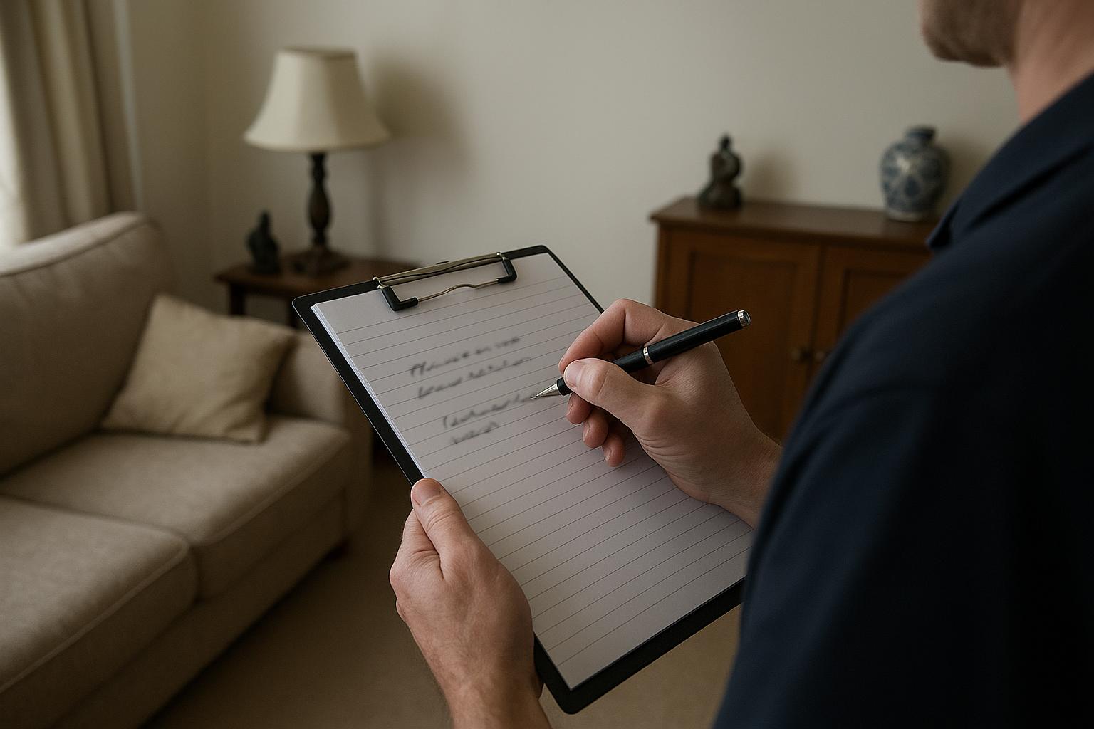 Close-up of a person's hands writing notes on a clipboard while standing in a furnished living room