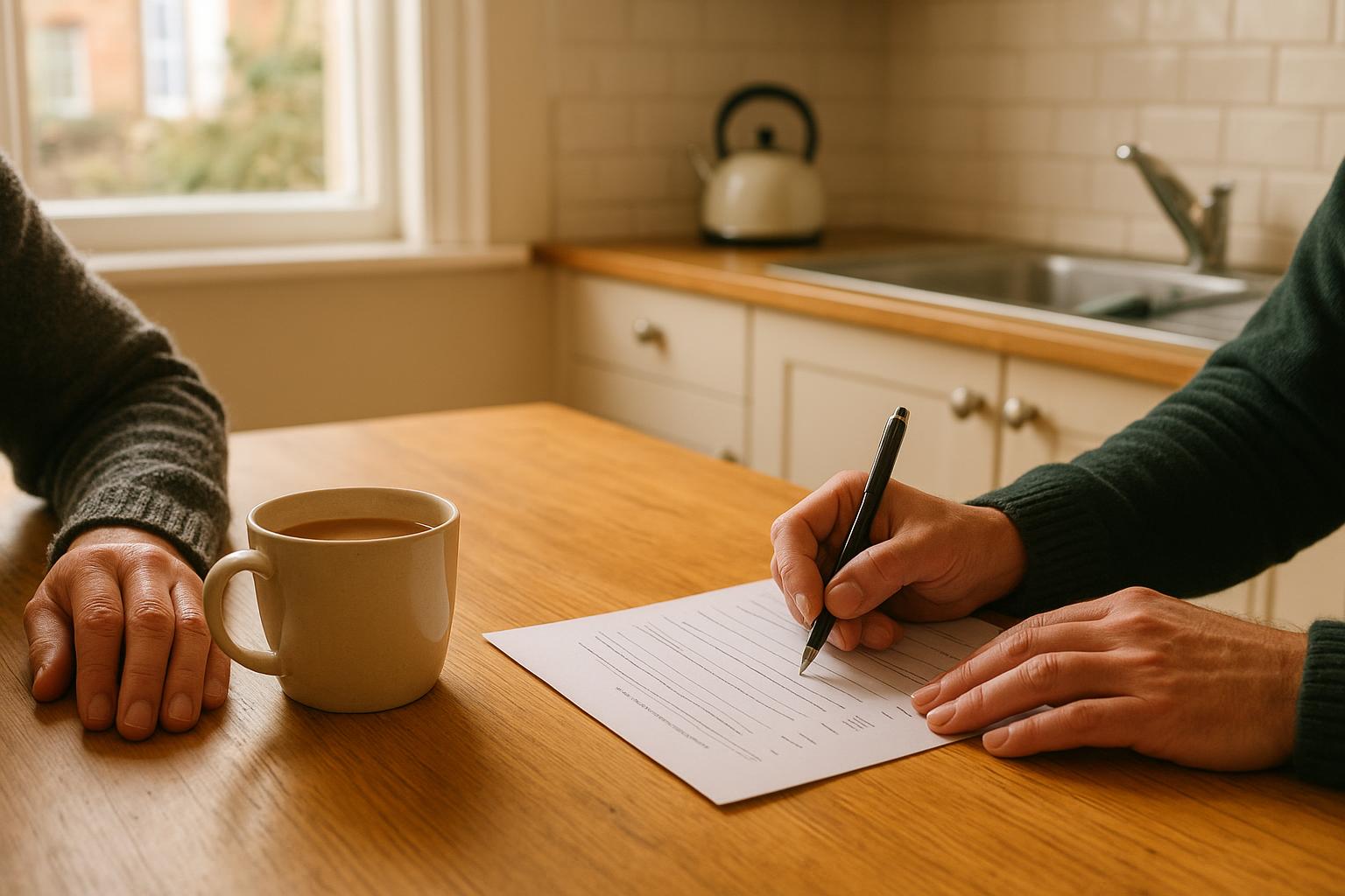 Close-up of two people's hands at a kitchen table with a cup of tea and paperwork between them