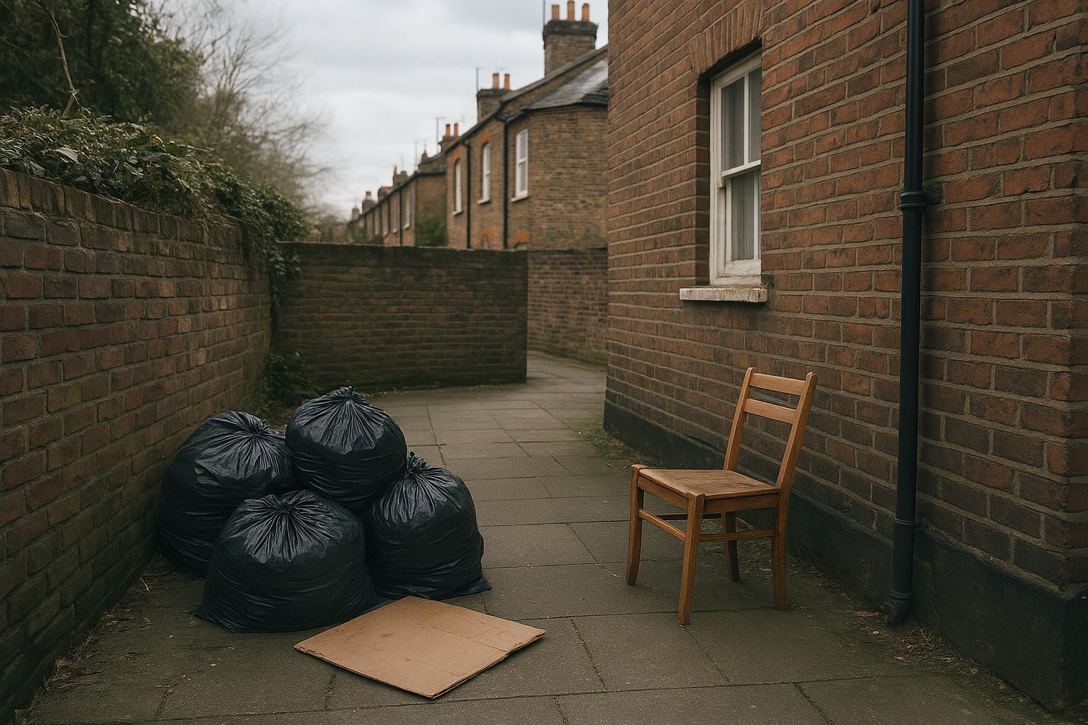 Narrow London brick side passage with several black bin bags, a wooden chair and flattened cardboard left against a wall, illustrating small-scale fly-tipping