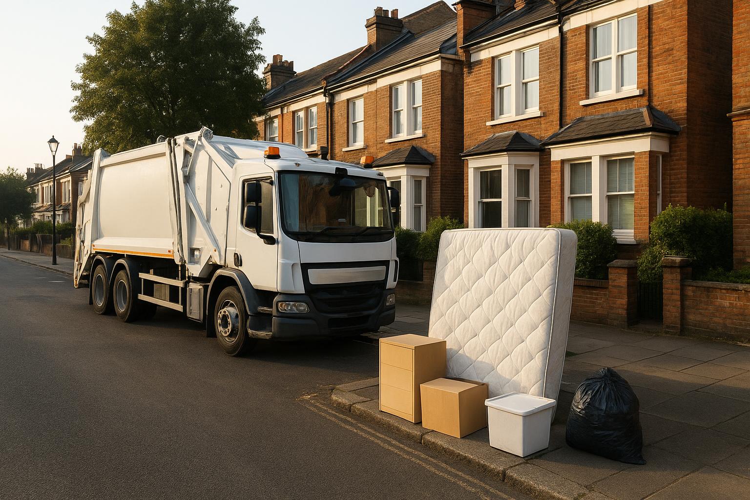 White refuse lorry parked on a London terraced street beside a mattress, cardboard boxes, a plastic box and a black bin bag left at the kerb