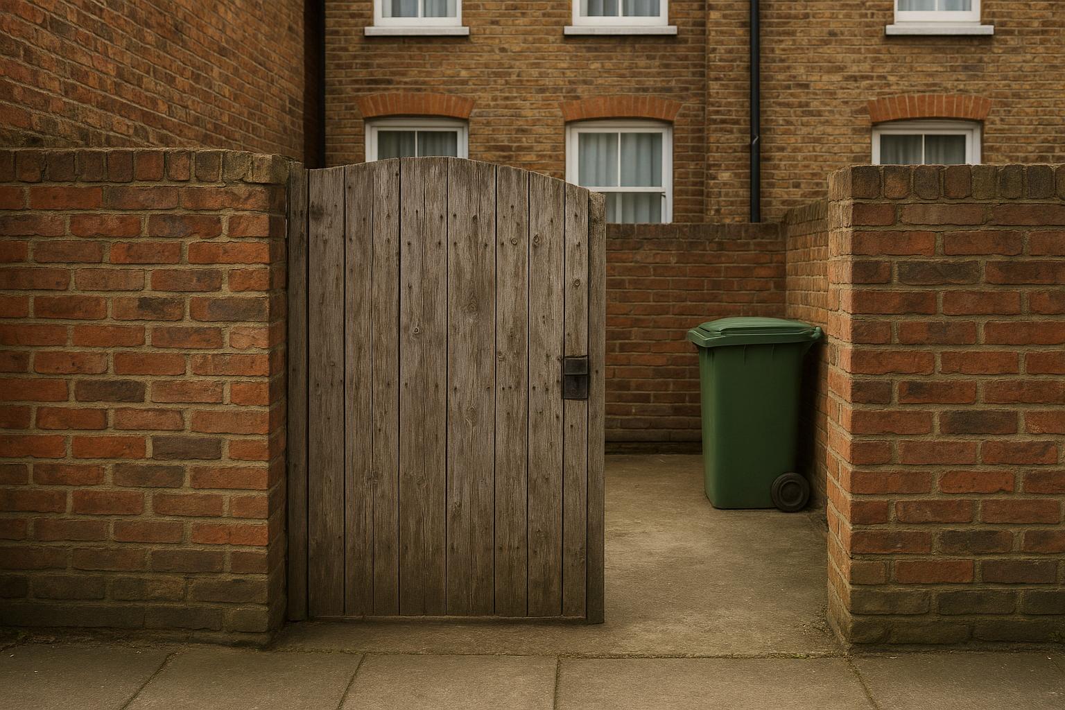Weathered wooden gate set in a brick wall leading to a swept private yard with a green wheelie bin, illustrating a secured property boundary