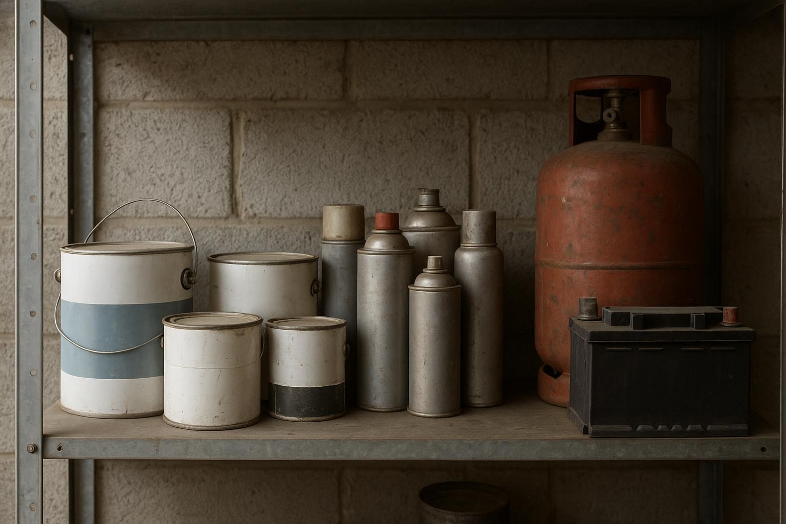 A garage shelf holding sealed paint tins, aerosol cans, a gas cylinder and a lead-acid car battery, no readable labels or text